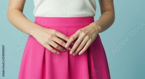 Fototapeta A close-up of a woman wearing a bright pink skirt, with her hands gently resting on the waistband. The background is a smooth blue that enhances the vibrant color of the skirt.

