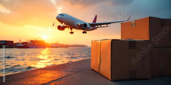 Fototapeta Cargo plane flying over a stack boxes, blue sky with clouds, logistics and transportation concept