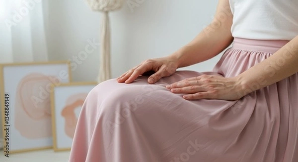Fototapeta A close-up shot of a woman gently resting her hands on her knee while sitting in a soft pink skirt. The background features abstract art prints and natural light coming through a window.