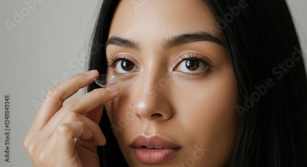 Fototapeta A close-up of a woman placing a contact lens on her eye in a calm, neutral background.
