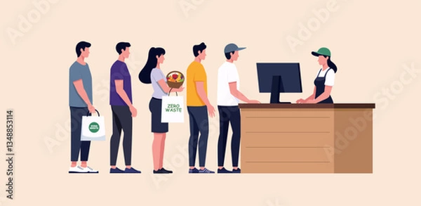 Obraz People Queueing Zero Waste Grocery Store Checkout Line
