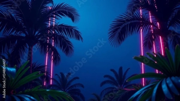 Obraz palm trees with neon on dark background