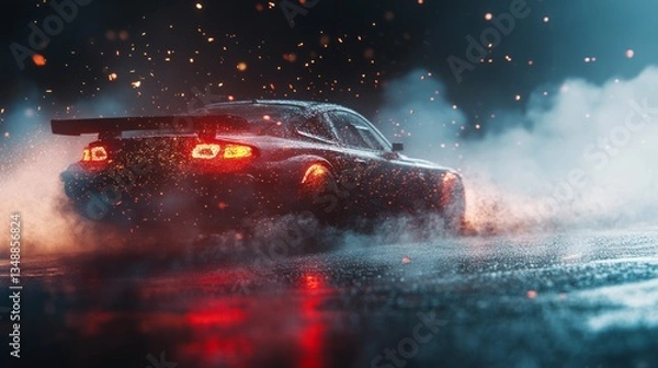 Fototapeta Car drifting, Blurred image diffusion race drift car with lots of smoke from burning tires.