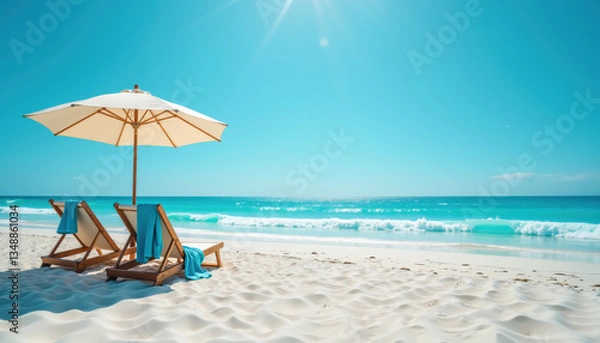 Obraz A serene beach scene featuring two lounge chairs with blue towels under a white umbrella, set against turquoise waters and a clear blue sky.