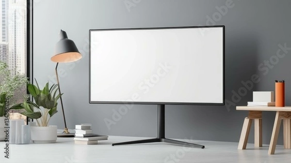 Fototapeta Minimalist home office with a modern monitor, desk lamp, and decor, creating a stylish workspace environment.