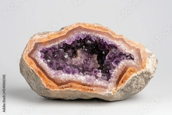 Obraz Amethyst Geode with Purple Crystals on Gray Background