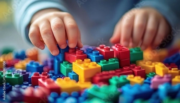 Fototapeta Children Playing with Colorful Building Blocks Creative Playtime Educational Fun
