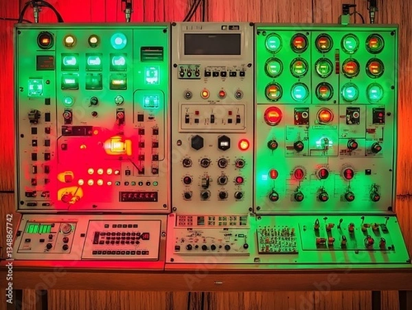 Obraz A console with lights buttons and displays appears operational