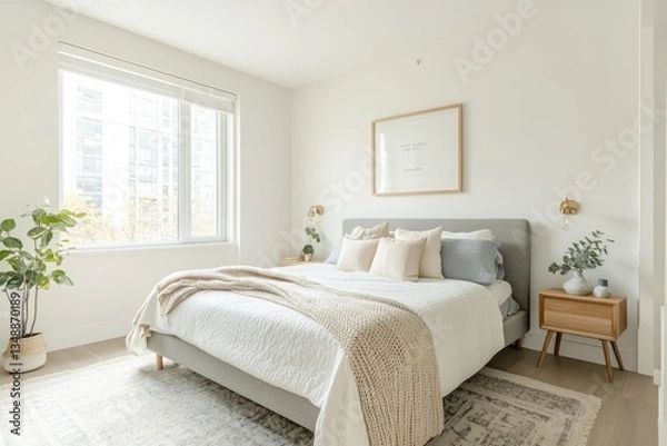 Fototapeta A minimalist bedroom with white walls, a grey bed frame, and light blue accents. A beige knitted blanket hangs over the edge of the solid grey double bed
