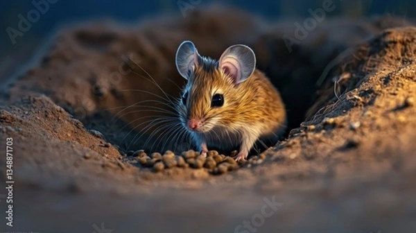 Fototapeta A curious mouse peeking out of its burrow at dusk, surrounded by scattered food, in a serene landscape