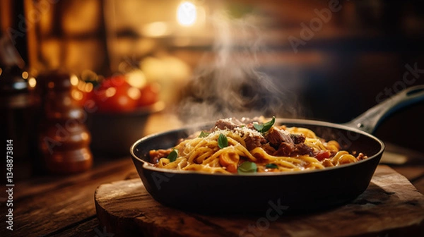 Fototapeta Steaming Hot Pasta with Rich Meat Sauce in a Cozy Candlelit Setting