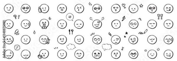 Obraz ペンで手描きしたアイコン「にこちゃんマーク」モノクロ喜怒哀楽表情セット＿顔・吹き出し・記号・文字なし
