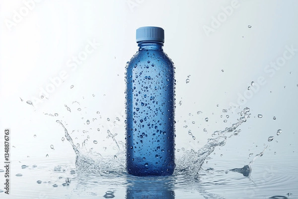 Fototapeta A transparent blue water bottle with water splashing around it, set against a white background, emphasizing hydration, purity, and refreshment.