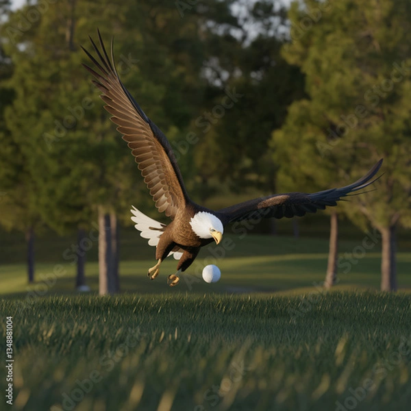 Fototapeta A bald eagle dives to grab a golf ball, wings spread wide, against a lush green field and sunlit trees.