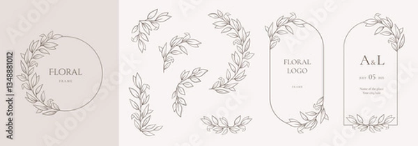 Obraz Hand drawn floral frames with flowers, branch and leaves. Elegant logo template. Delicate botanical borders and wreaths in line art and silhouette style. Vector illustration for invitation, card, logo