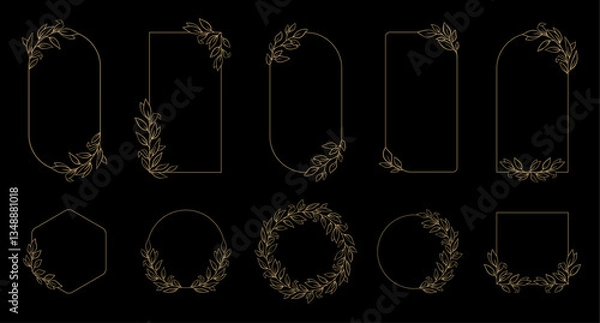 Fototapeta Collection of luxury frames, borders and corners. Hand drawn botanical floral elements in line art and silhouette style. Good for greeting cards, invitations, menu, certificates and graphic design.
