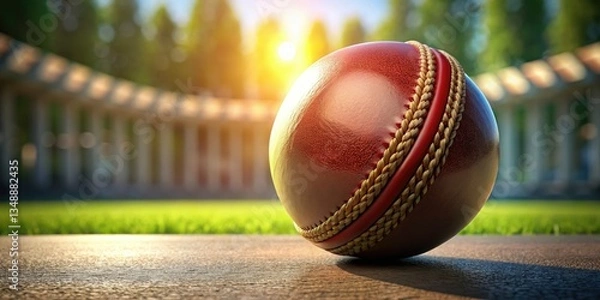 Fototapeta Realistic 3D rendered cricket ball, high-resolution texture, perfect sphere model. Red leather detail.