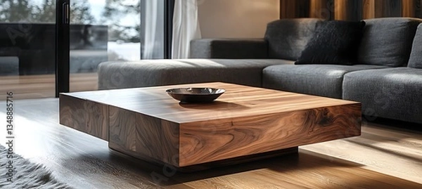 Fototapeta Modern Living Room With a Stylish Wooden Coffee Table That Has Storage, Positioned on the Right Side With a Soft Blurred Background and Text Area