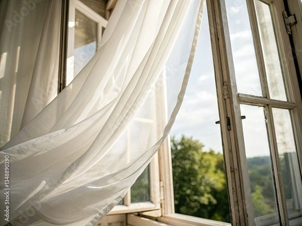 Fototapeta Soft light illuminates billowing white curtains, a peaceful home scene captured in close-up.