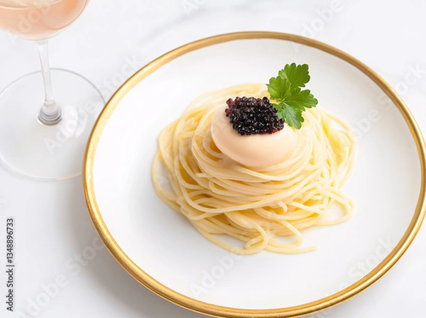 Obraz fine dining and plating concept; thin angel hair pasta topped by a perfect egg and caviar pairing