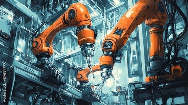 Fototapeta Illustration of robotic arms assembling products in a factory, symbolizing industrial automation