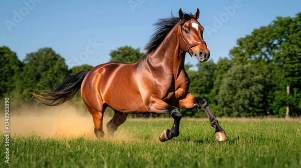 Fototapeta Galloping horse in lush green field, mane flowing, capturing pur