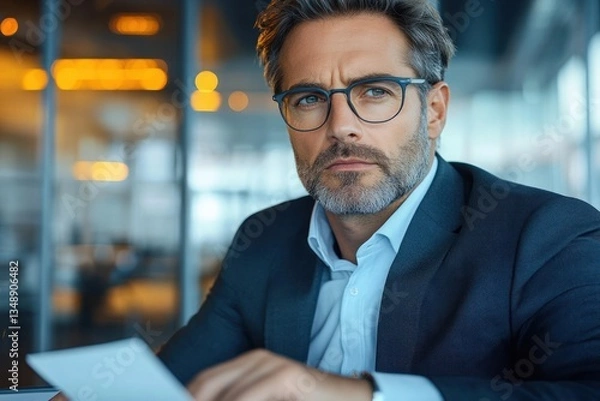 Fototapeta Contemplative businessman in modern office reading contract managing risks in suit with ambient lighting and glass reflections