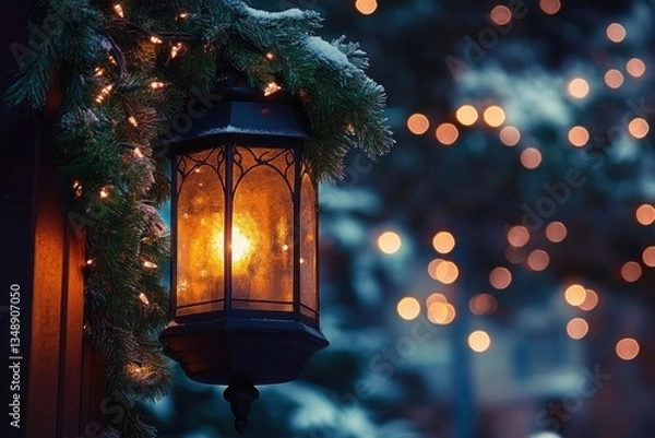 Fototapeta Christmas Lantern and Bokeh Lights in Cozy Night Market Scene