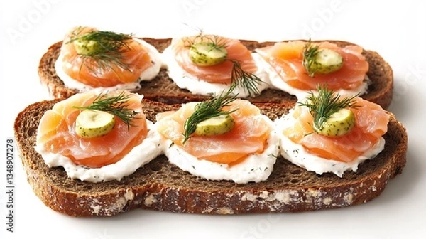 Fototapeta Danish smrrebrd open faced sandwich smoked salmon dill and cream cheese arranged on rye bread
