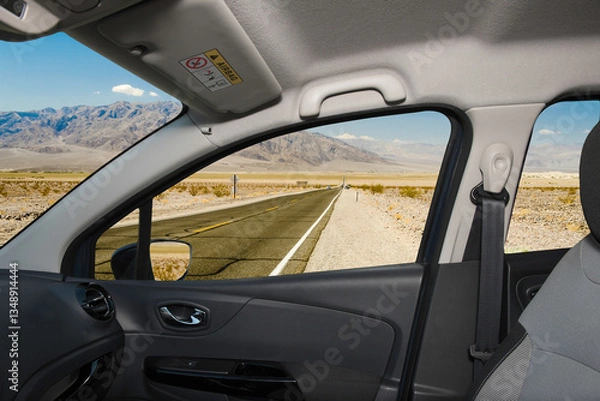 Obraz Car window with view of desert road, Death Valley, USA