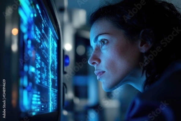 Fototapeta Focused individual analyzing complex data on glowing screen, imm