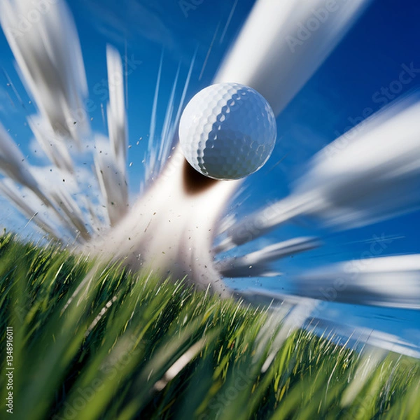 Fototapeta A golf ball soars like a missile, glistening in sunlight, with motion blur against a vibrant green background and a bright blue sky.