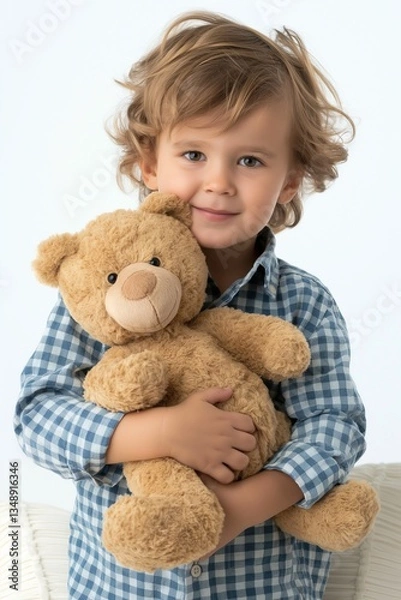 Fototapeta Adorable Caucasian boy with curly hair holding a teddy bear, showcasing a warm smile and a cozy atmosphere.