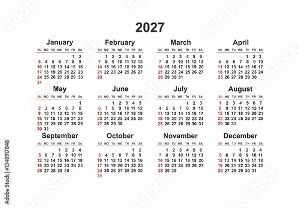 Fototapeta 2027 Sunday Start Horizontal Black and White Red Calendar Template, Simple layout of pocket or wall calendars. Yearly Stationery organizer in minimal design