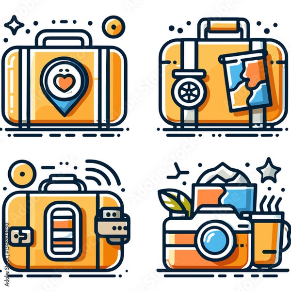 Fototapeta Travel icons representing suitcases and cameras in vibrant colors. Suitcase with travel stickers  