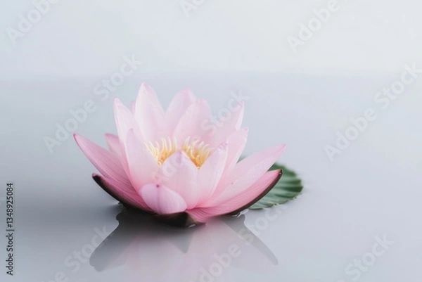 Fototapeta Delicate pink lotus flower floating on water, surrounded by sere