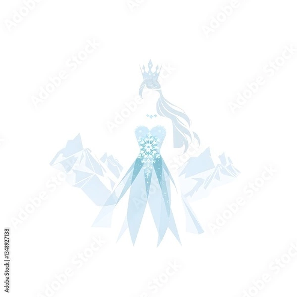 Fototapeta Majestic Ice Queen in Snowflake Dress and Crown Amidst Frozen Mountain Landscape
