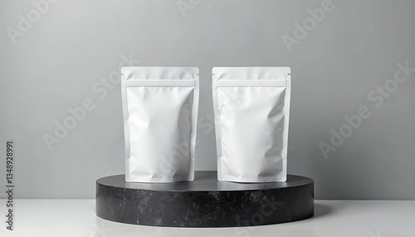 Fototapeta Two white blank stand-up pouches with a zip lock on a black stone podium, studio shot, product mockup, minimalist, soft diffused lighting, monochromatic scheme