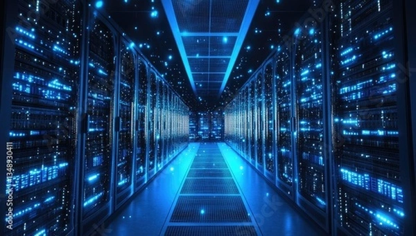 Fototapeta Futuristic server room, lit by glowing blue lights.  Detailed view of server racks