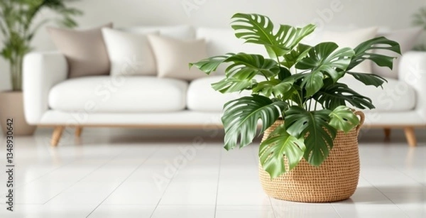 Fototapeta Lush monstera plant in woven basket on white floor, modern sofa with cushions in background. Stylish home decor, fresh interior aesthetic. Ai generative