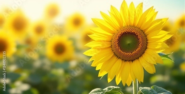 Obraz Close-up of a vibrant sunflower in full bloom with a blurred sunflower field in the background. Warm sunlight enhances the natural beauty. Ai generative