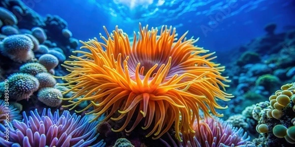 Obraz Vibrant Underwater Scene Featuring a Striking Orange Sea Anemone Surrounded by a Diverse Array of Colorful Coral and Marine Life