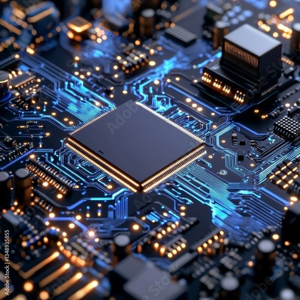 Fototapeta A close-up of a circuit board showcasing intricate patterns and components, illuminated by blue and orange lights.