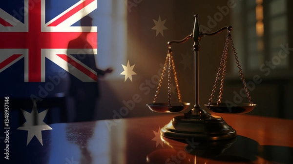 Fototapeta The scales of justice stand in front of the Australia flag, symbolizing law, fairness, and the legal system. A concept of democracy and equality.