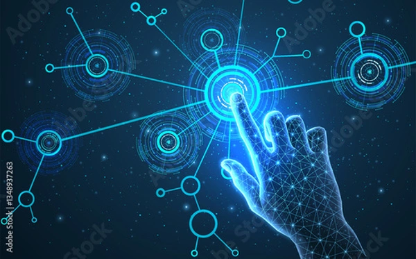 Fototapeta Hand on the blue digital background. Technology digital, future information.