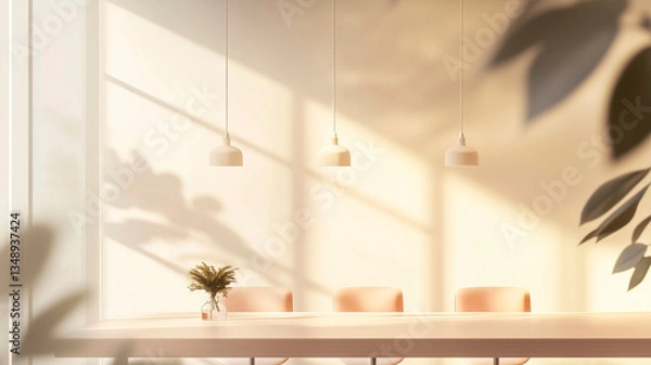Fototapeta Elegant dining room with soft lighting, modern pendant lights, and a warm and welcoming atmosphere.