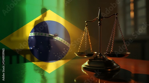 Fototapeta The scales of justice stand in front of the Brazil flag, symbolizing law, fairness, and the legal system. A concept of democracy and equality.