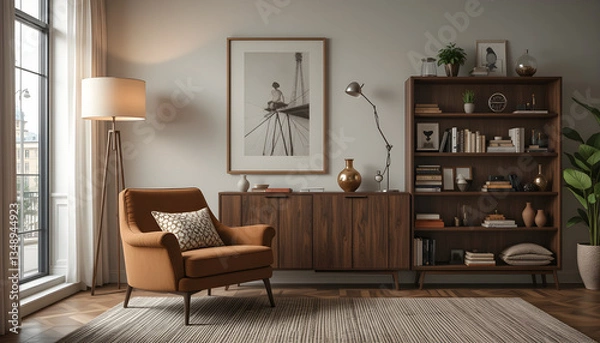 Fototapeta Stylish Living Room with Cozy Armchair and Contemporary Bookshelf Arrangement
