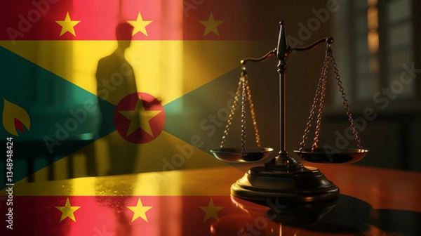 Obraz The scales of justice stand in front of the Grenada flag, symbolizing law, fairness, and the legal system. A concept of democracy and equality.
