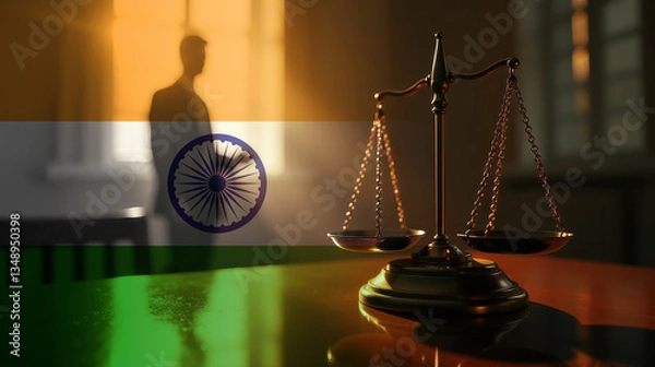 Fototapeta The scales of justice stand in front of the India flag, symbolizing law, fairness, and the legal system. A concept of democracy and equality.